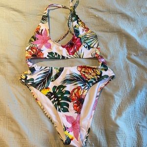 missguided floral high leg cut out swimsuit